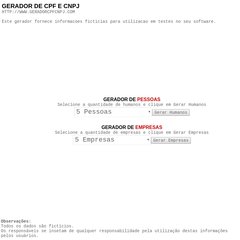 Gerador de CPF e CNPJ validos para testes de software - www.geradorcpfcnpj.com